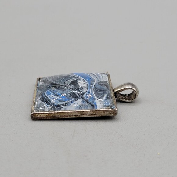 Square Abstract Glass Pendant Silver Tone Setting Black White Blue Swirl Design - Picture 4 of 4